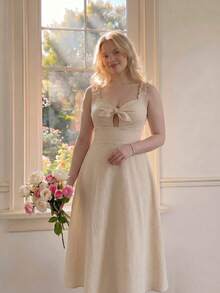 MOD Vestido midi elegante de talla grande para mujer con unicolor, nudo y cintura fruncida, adecuado para fiestas y eventos, verano, vacaciones, estilo retro, vintage, campestre, salir, atuendos de maestra, citas, picnics, fiestas, bailes de graduación, cumpleaños, estilo cottage, té, estilo francés, estampado floral, vestido de verano, vestido elegante - Albaricoque - Ver 1