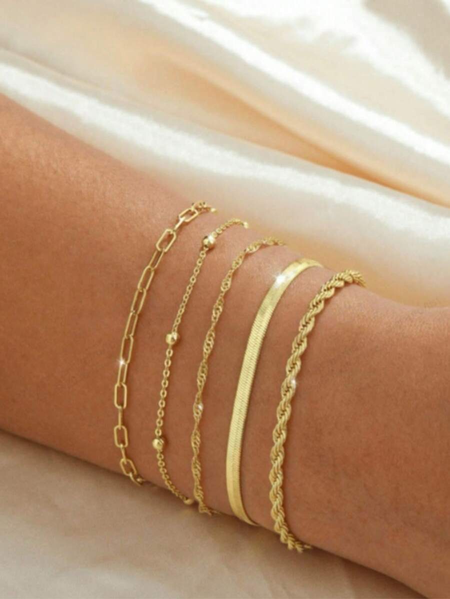 Pulseira de Corrente Minimalista Fashion, Corrente de Contas Espaçadoras, Corrente Onda de Água, Corrente Lâmina, Corrente Torcida, Joias de Corrente Personalizada de Luxo Leve e Nicho Adequada para Meninas e Mulheres (Número Aleatório de Contas) - Dourado - Visão 1