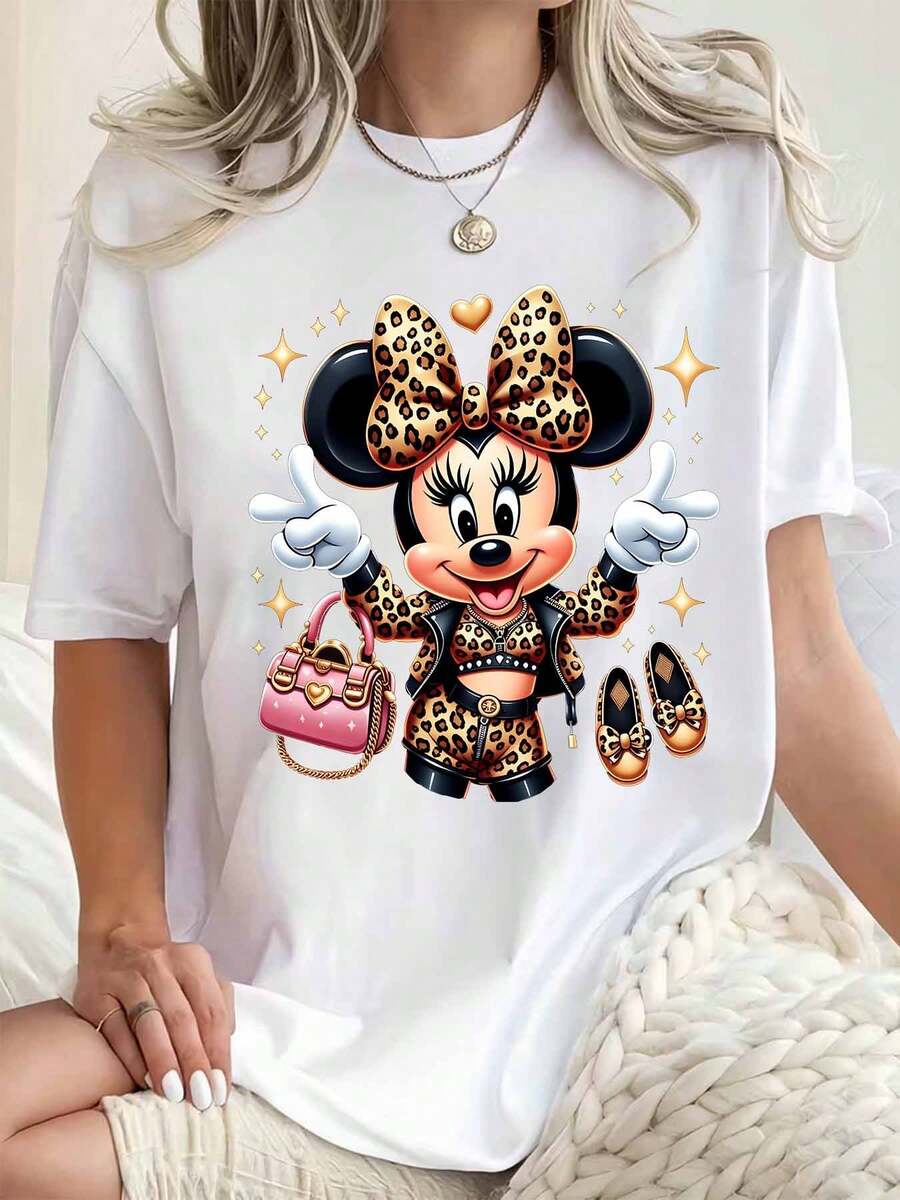 Disney Women Round Neck T Shirt Minnie Mouse Leopard Print With Pink Bag And Shoes Graphic Design Casual Summer Wear For Everyday Outings And Holidays 220g - 白色 - 查看 1