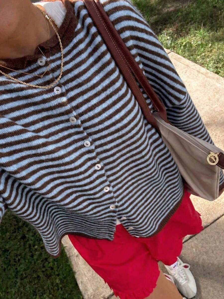New Loose Striped Knit Cardigan Jacket Fall - Chocolate Brown - View 1