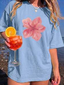 1pc Loose Round Neck T-Shirt With Hibiscus Print In Acid Wash Pink, Suitable For Summer, Beach And Casual Vacation, Y2K Casual Blouses For Women - 杏色 - 查看 4