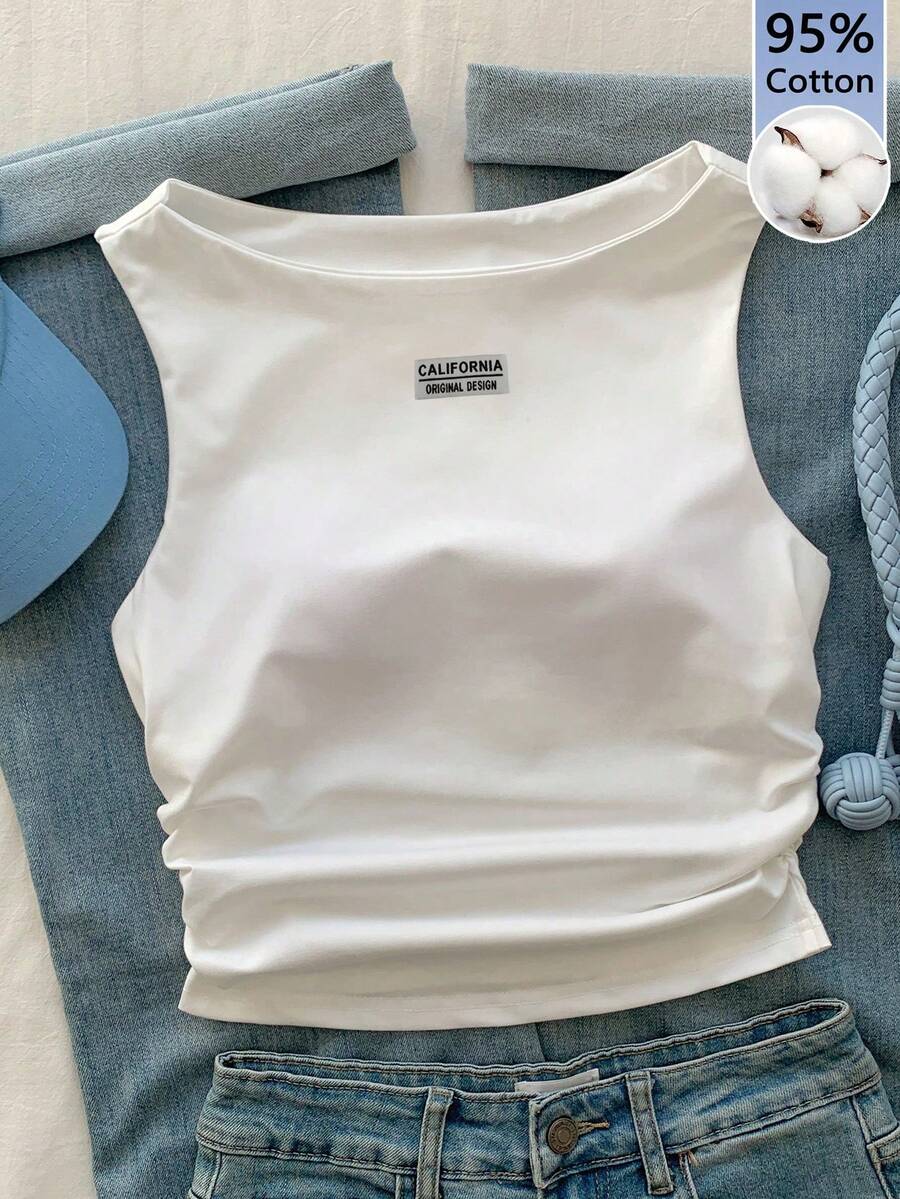 Camiseta de tirantes de algodón con pliegues y forro, de unicolor, adecuada para primavera/verano - Blanco - Ver 1