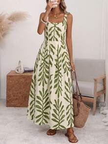 Vestido midi de línea A con espalda plisada, cintura ceñida, tirantes anchos y escote en U, con ajuste en la espalda, en estilo romántico de lunares grandes, elegante retro francés minimalista, adecuado para oficina, viajes, negocios, casual, playa, resort, primavera/verano - Verde 2 - Ver 1