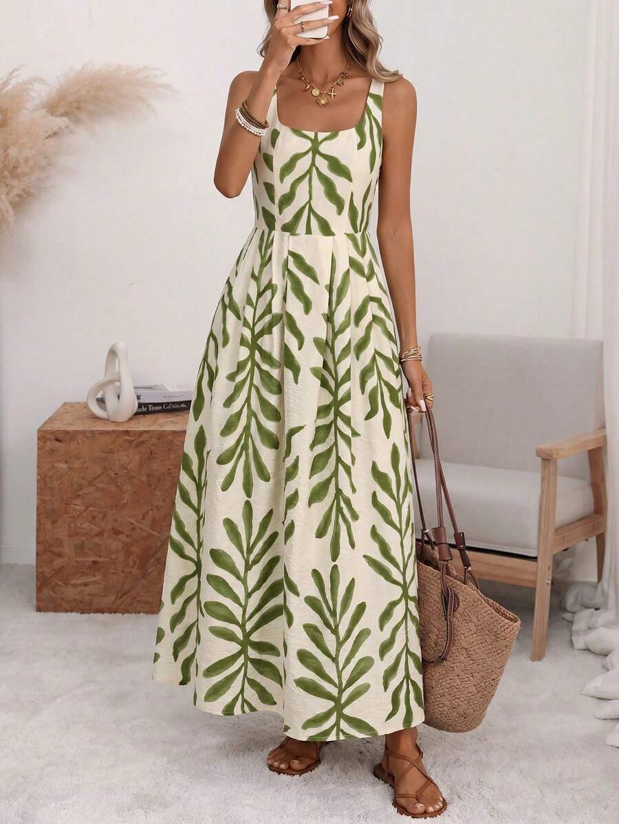 Vestido midi de línea A con espalda plisada, cintura ceñida, tirantes anchos y escote en U, con ajuste en la espalda, en estilo romántico de lunares grandes, elegante retro francés minimalista, adecuado para oficina, viajes, negocios, casual, playa, resort, primavera/verano - Verde 2 - Ver 1