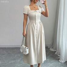 xuehuamaoyi02  Vestido de manga larga de primavera/verano con corte evasé, abertura en la falda, botones y cuello sin cuello con volantes, elegante para el trabajo - Granada - Ver 2