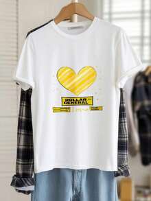 Women's Crew Neck Cotton T-Shirts With Graphic Print, Heart Dollar General Love Pattern Print, Oversized Casual Short Sleeve T-Shirts, Unisex Tops, Spring And Summer Fashion Women's Top T-Shirts. - 白色 - 查看 1