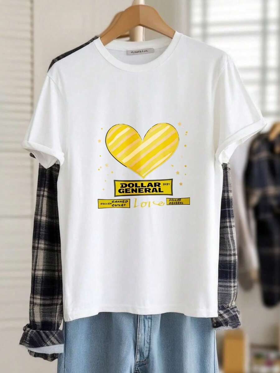 Women's Crew Neck Cotton T-Shirts With Graphic Print, Heart Dollar General Love Pattern Print, Oversized Casual Short Sleeve T-Shirts, Unisex Tops, Spring And Summer Fashion Women's Top T-Shirts. - 白色 - 查看 1