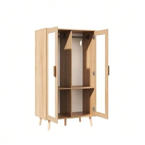 Zweitüriger Kleiderschrank mit Kleiderstange, Schlafzimmerschrank, Kinderschrank, 80 x 46 x 141,5 cm, Naturholz und weiße Oberfläche - Natürliche Farbe - Übersicht 1