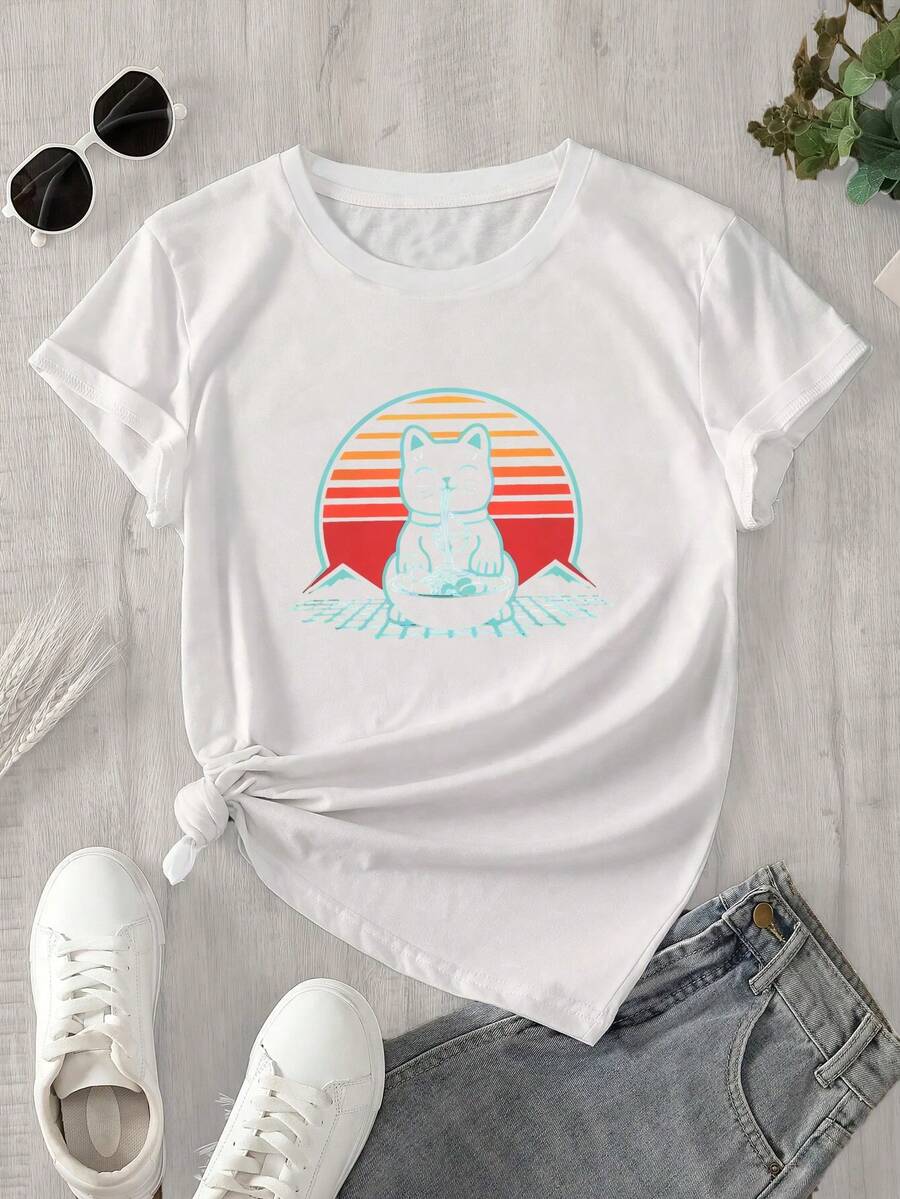 Top de mujer de manga corta y cuello redondo con estampado del logo del universo perforado, apto para todas las estaciones. - Blanco - Ver 1