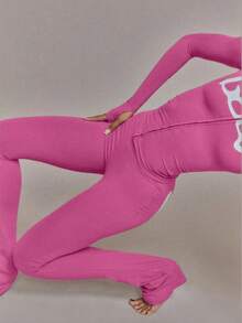 Y2K Hooded Zip-Up Crop Top & High Waist Leggings 2-Piece Set, Grey Form-Fitting Loungewear Outfit With Pink Letter Print - Rosa Fucsia - Ver 6