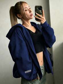 1件青少年女孩休閒極簡百搭抓絨內裡連帽衛衣，厚實保暖，適合春/秋/冬返校季 - 藏蓝色 - 查看 3