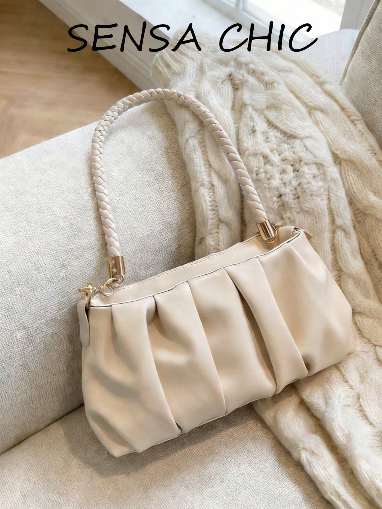 This Stylish White Pu Handbag Features A Detachable Shoulder Strap And Pleated