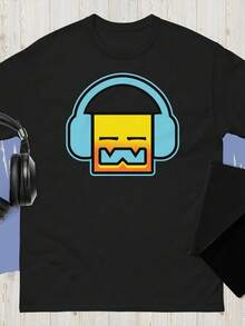 Unisex T-shirt i ren bomull, New Geometry Dash Headphones Black And White Tee USA Storlek S till 3XL T-shirt, sommar-t-shirt, blus, basplagg, toppar, kreativ design, utomhuslek, cool stil, rolig design, perfekt för utomhuslek. - Svart - Visa 1