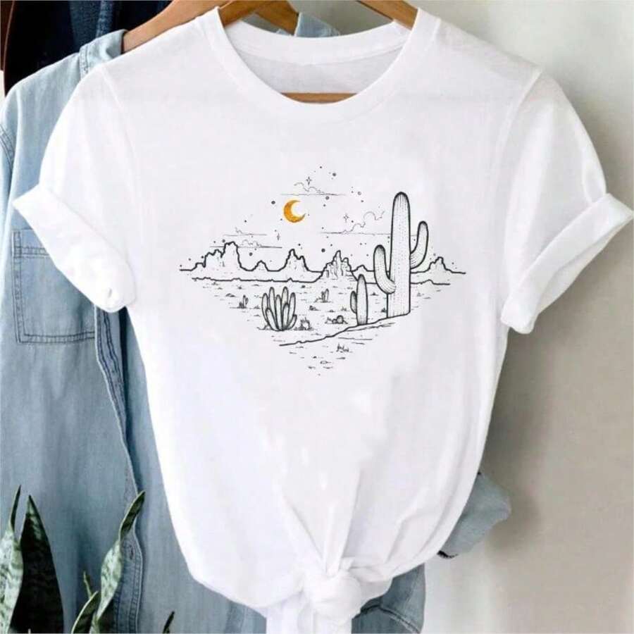 2026 Women's Quality Casual Cotton T-Shirt, Women's T-Shirts With Cartoon And Wine Print, Fun And Fashionable Clothes For Spring Summer, Elegant Women's T-Shirt, Printed T-Shirt For Girls, Unisex Basic T-Shirt - 白色 6 - 查看 1