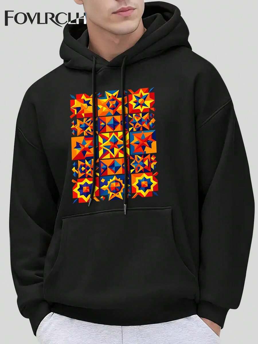FOVL RCLH Men's Hoodie, Featuring A Vibrant Geometric Star Pattern Print - A Stylish Casual Pullover Suitable For Everyday Wear - Black - View 1
