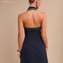 Fengyu Women's Clothing Store  Vestido mini elegante de mujer con cuello en V y cintura ceñida, ropa de mujer para primavera/verano - Azul y blanco - Ver 3