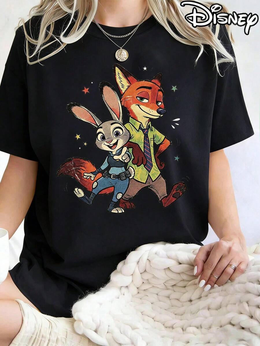 Disney-Licensed Zootopia Judy Nick Retro Comic Print T-Shirt: American Vintage-Style Casual Round-Neck Short-Sleeve Top - 黑色 - 查看 1