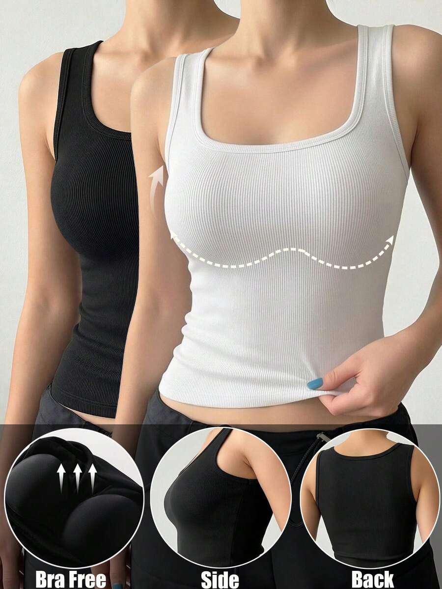 2pcs Basic Casual Comfortable Women's Solid Color Square Neck Bra Tank Top, Slim Fit Flattering Sleeveless Ribbed Undershirt - Multicolor - View 1