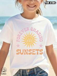 Maglietta personalizzata in cotone, T-shirt a maniche corte con collo rotondo per primavera/estate, stampa cartoni animati, adatta per il tempo libero quotidiano, vacanze, spiaggia, bambini - Bianco - Visualizzare 2
