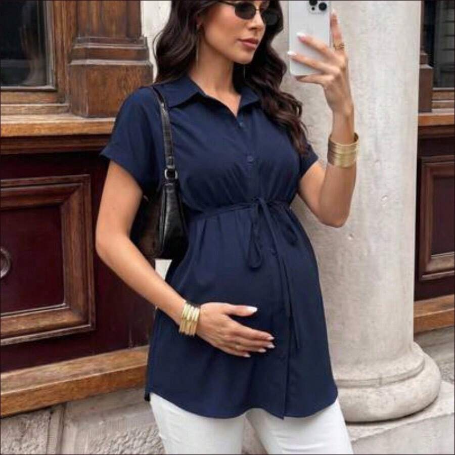 MaterniWear Maternidad Camisa de manga murciélago con cinturón - Azul marino - Ver 1