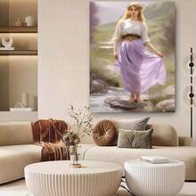 Enmarcado  plano 2D, 1 unidad, lienzo enmarcado para pared - Mujer elegante con vestido morado y paisaje , decoración artística plana 2D para el hogar, oficina, bar, aula, dormitorio, decoración de primavera para interiores y exteriores, regalo para el Día de la Madre, graduación, decoración de dormitorio | Artesanía artística - Enmarcado - Ver 2
