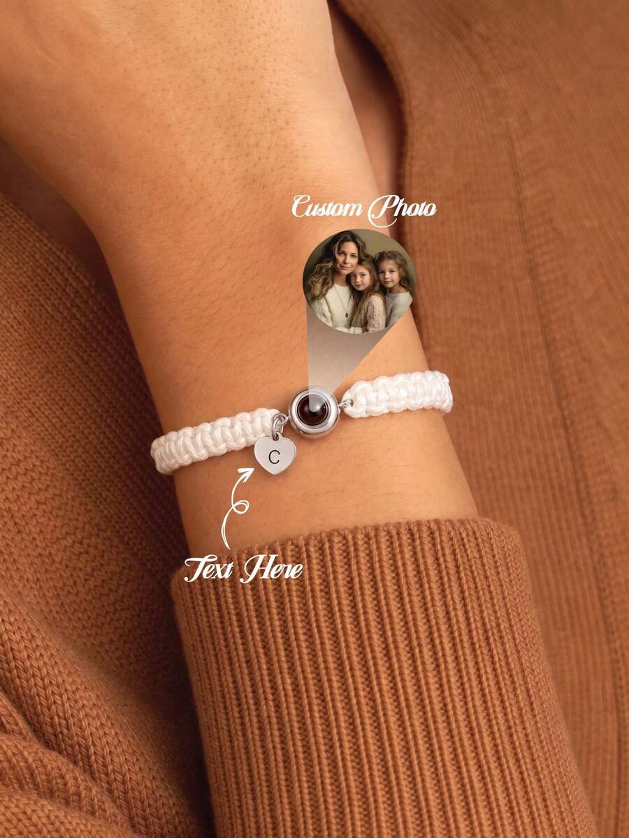 1PC Customized Photo & Letter Projection Bracelet, Personalized Couple Bracelet With Heart Letter Pendant, Couple Matching Bracelet Set, DIY Girlfriend/Boyfriend Photo, Customizable Number & Letter Memorial, Customized Woven Picture Bracelet, Family Memorial Bracelet, Simple Versatile Bracelet, Fashionable Minimalist Bracelet For Mother/Father, Anniversary Gift For Her
