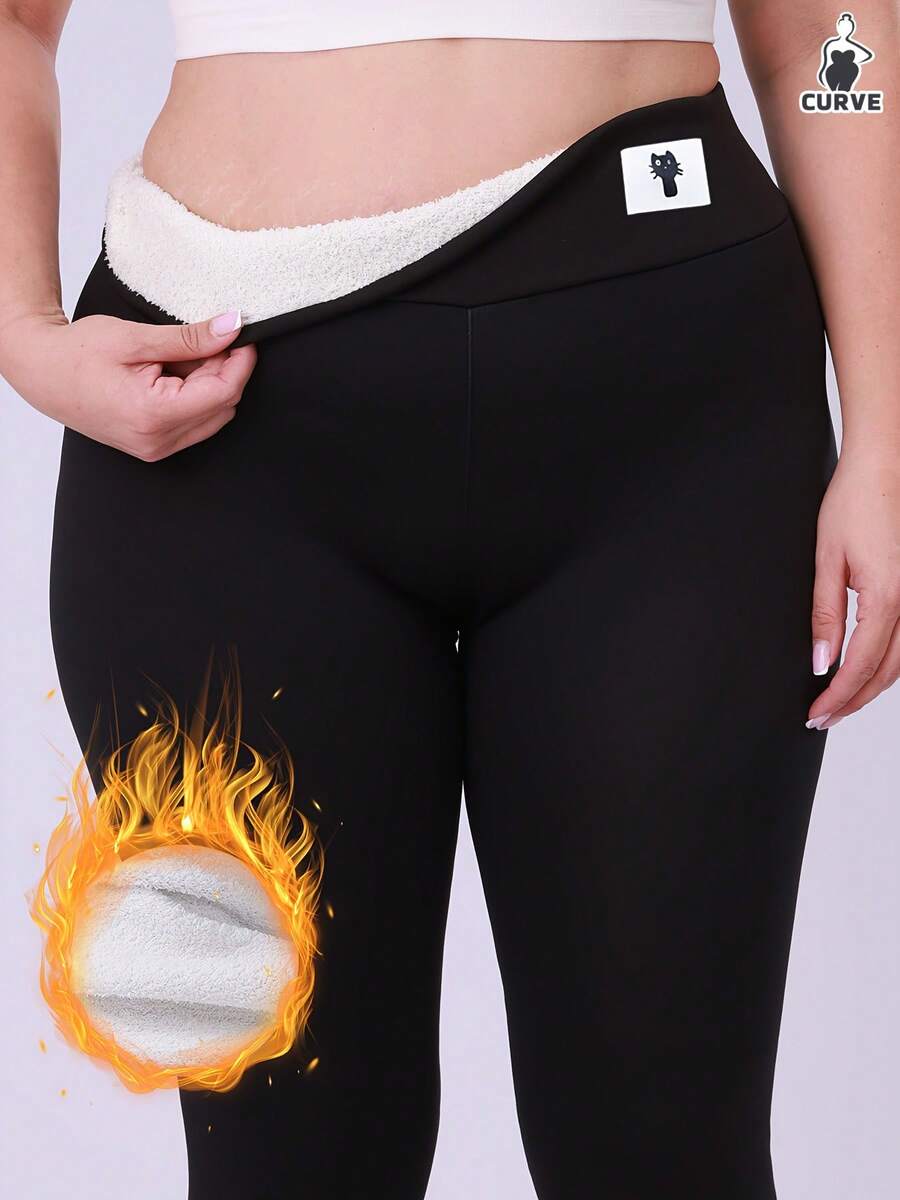 Plus Size Women's Thermal Lined Thickened Warm Leggings High Elasticity - Black - View 1