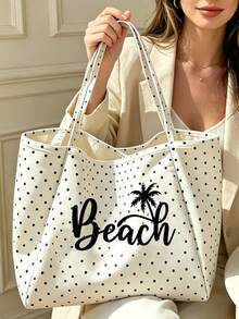 復古波點白色大容量單肩包套裝－印有「Beach」字母與棕櫚樹圖案，附白色小包的購物旅行托特包，可折疊單肩手提包，通勤托特包，平板收納包，夏季旅行必備包，適合海灘旅行、泳池日、購物與日常使用，返校季、教師節禮物 - 彩色 - 查看 5