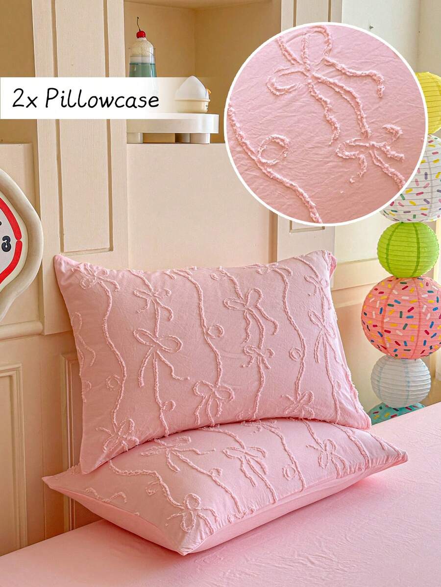 2pcs/Set Pink Cut-Out Bow Embroidery Bed Pillowcases, Simple Cute Ins Style Polyester Decorative Throw Pillow Covers Suitable For All Seasons, Textured Decor, Machine Washable, No Filling Included - Pink - View 1