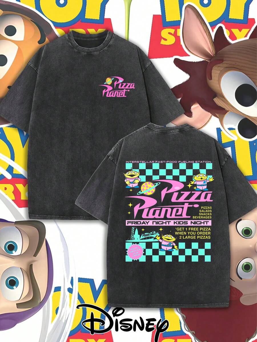 T-shirt Disney Pizza Planet Trois Yeux – T-shirt homme au design délavé et vieilli, style rétro et streetwear, 100 % coton, coupe décontractée, impression recto verso. Idéal au quotidien, pour les sorties et les tenues décontractées. Cadeau parfait pour les fans de Toy Story – idéal pour l'été. - Noir - Voir 1