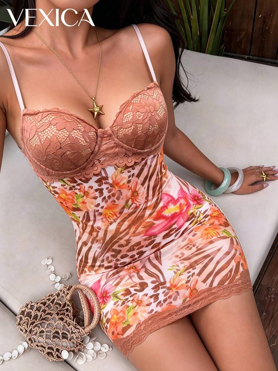 Vestido mini sexy de estampado de leopardo para mujer Vexica, vestido lencero con tirantes finos y ribete de encaje para vacaciones de verano en la playa y uso diario - Rojo - Ver 1