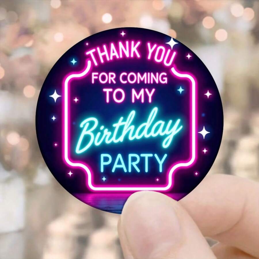 24/48 pièces Autocollants d'anniversaire néon, Autocollants de remerciement avec bordure néon rose & bleu, avec étoiles et texte "Merci d'être venu à ma fête d'anniversaire, s'il vous plaît donnez-moi un cadeau", Convient pour les fournitures de bureau/autocollants de papeterie/autocollants de graffiti/fournitures scolaires