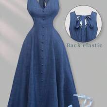 jianchaimaoyi02  Vestido sin mangas con cuello en V y cintura acampanada para mujer de talla grande, vestido elegante para vacaciones, citas, con estampado floral, vestido largo - Caqui - Ver 2
