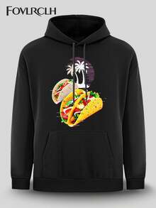 FOVLRC LH Men's Hoodie - Polyester-Cotton Blend Pullover With A Vibrant Mexican Taco And Vintage Palm Tree Design, Casual Street Style - Black - View 3