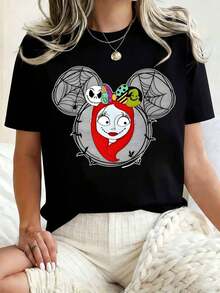 Disney Women Round Neck T Shirt Jack Skellington And Sally Mickey Mouse Design Halloween Costume Party 220g - 黑色 - 查看 1