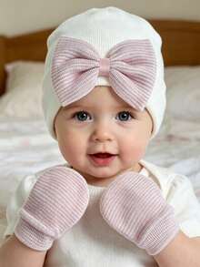 3pcs Newborn Baby Hat And Gloves Set, With Large Bow, Soft Cute Knitted Hat, Suitable For Baby Boys And Girls - Multicolor - View 3