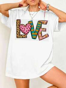 Retro Pop Art LOVE Letters Leopard Polka Dot Gold Glitter Oversized Tee - White - View 1