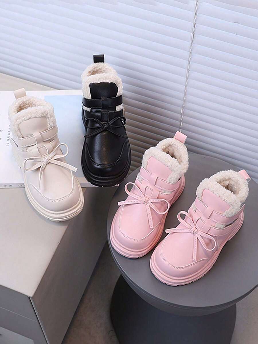 1 Pair Soft Sole Non-Slip Fashion Versatile Casual Sports Outdoor Leather Boots For Little Girls And Little Boys, Suitable For Winter - Pink - View 1