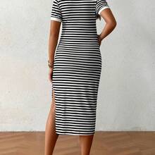 Vestido casual de maternidad de cuello redondo, manga corta, con rayas y bajo dividido, para verano - Negro01 - Ver 3