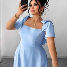 xuehuamaoyi02  Vestido de línea A de longitud media con cuello cuadrado y tirantes con lazo, en color azul cielo, elegante y minimalista, para mujer de talla grande, para uso diario, fiesta, boda y dama de honor - Azul - Ver 6
