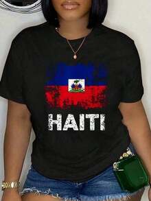 Women's T-Shirt, 100% Cotton T-Shirt With Haitian Flag For Men, Women And Children, Patriotic T-Shirt With Haitian Flag, Unisex, Classic, Comfortable, Crew Neck And Plus Size - 黑色 - 查看 1