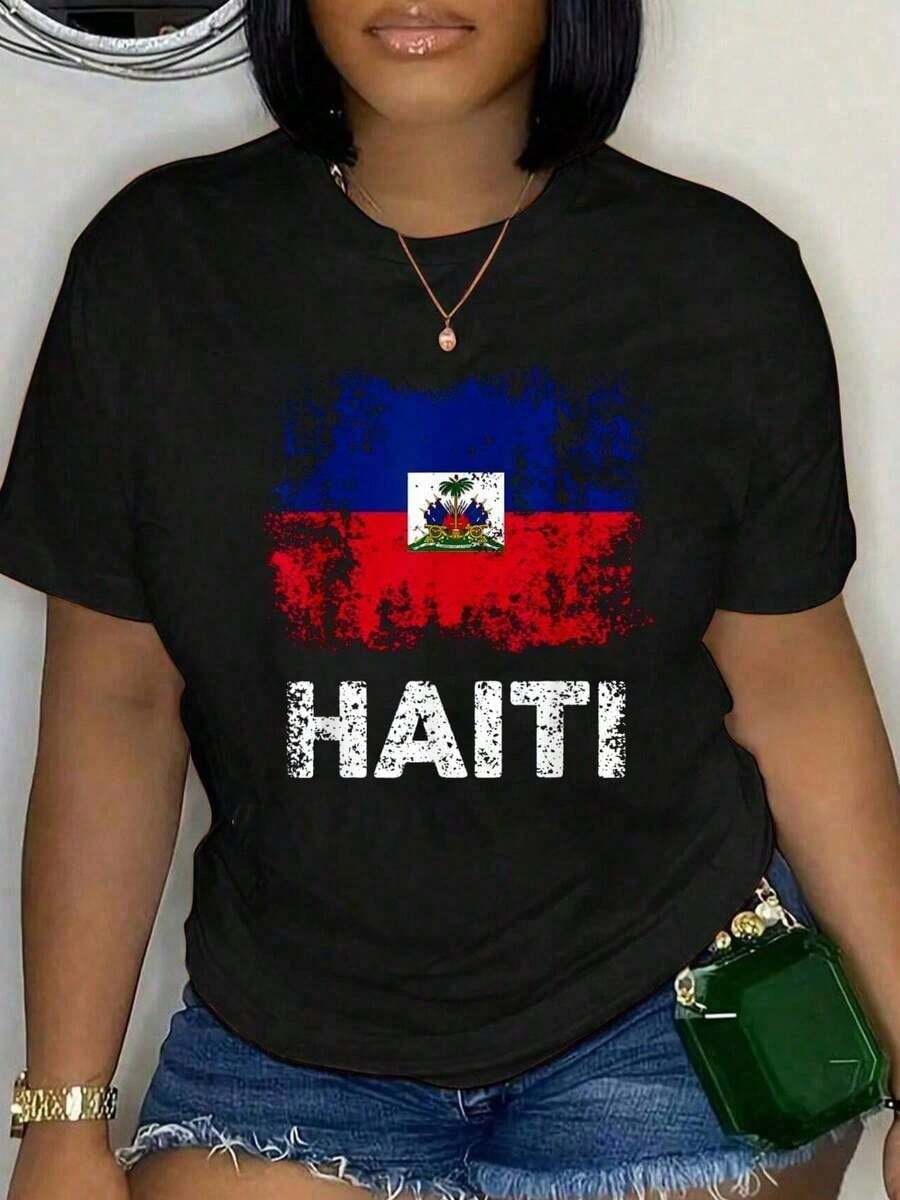 Women's T-Shirt, 100% Cotton T-Shirt With Haitian Flag For Men, Women And Children, Patriotic T-Shirt With Haitian Flag, Unisex, Classic, Comfortable, Crew Neck And Plus Size - 黑色 - 查看 1
