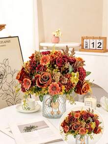 1/3/5/80件人造玫瑰花、刺繡球、雛菊花束、人造花束，適用於居家、餐廳、客廳、婚禮裝飾，秋季人造花、秋季花束、感恩節家居裝飾、春夏秋季裝飾 - 橘色 - 查看 2