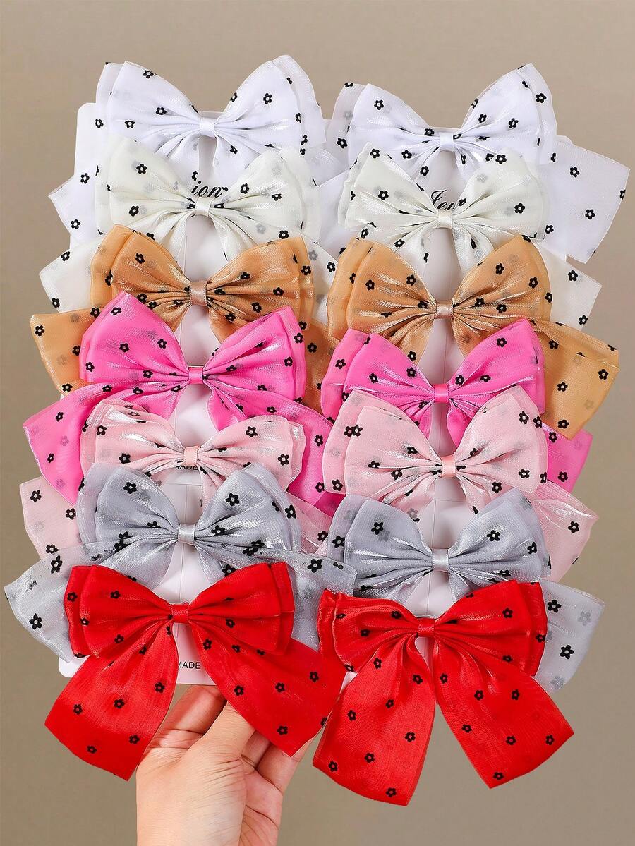 7pcs Girls Multi-Color Printed Bow Hair Clips Hair Accessories Headwear Top Clips Back Head Clips Side Clips Alligator Hair Clips For Daily Use - Multicolor - View 1