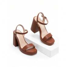 Women Platform High Heeled Sandals Fashionable Ankle Strap Open Square Toe Chunky Heel Sandals For Prom Party Wedding - Brown - View 7