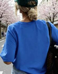 Women's Casual Short-Sleeved Crew Neck T-Shirt With A Planet And Moon Print, Ideal For Everyday Wear. - Vintage Street Style Unisex Cotton Short Sleeve Crew Neck T-Shirt - 藍色 - 查看 3