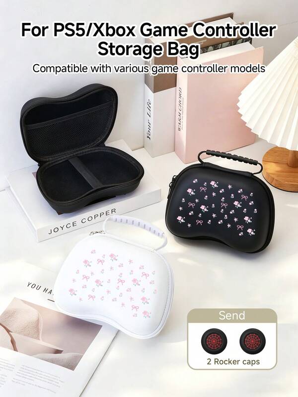 Pink Bow & Ditsy Floral Pattern Design Game Controller Storage Bag, Compatible With PS5 Game Controller/Game Console Controller Storage Bag, Includes 2 Game Controller Joystick Caps, Dustproof & Scratch-Resistant, Protect Your Favorite Console, Best Gift For Switch Gamers