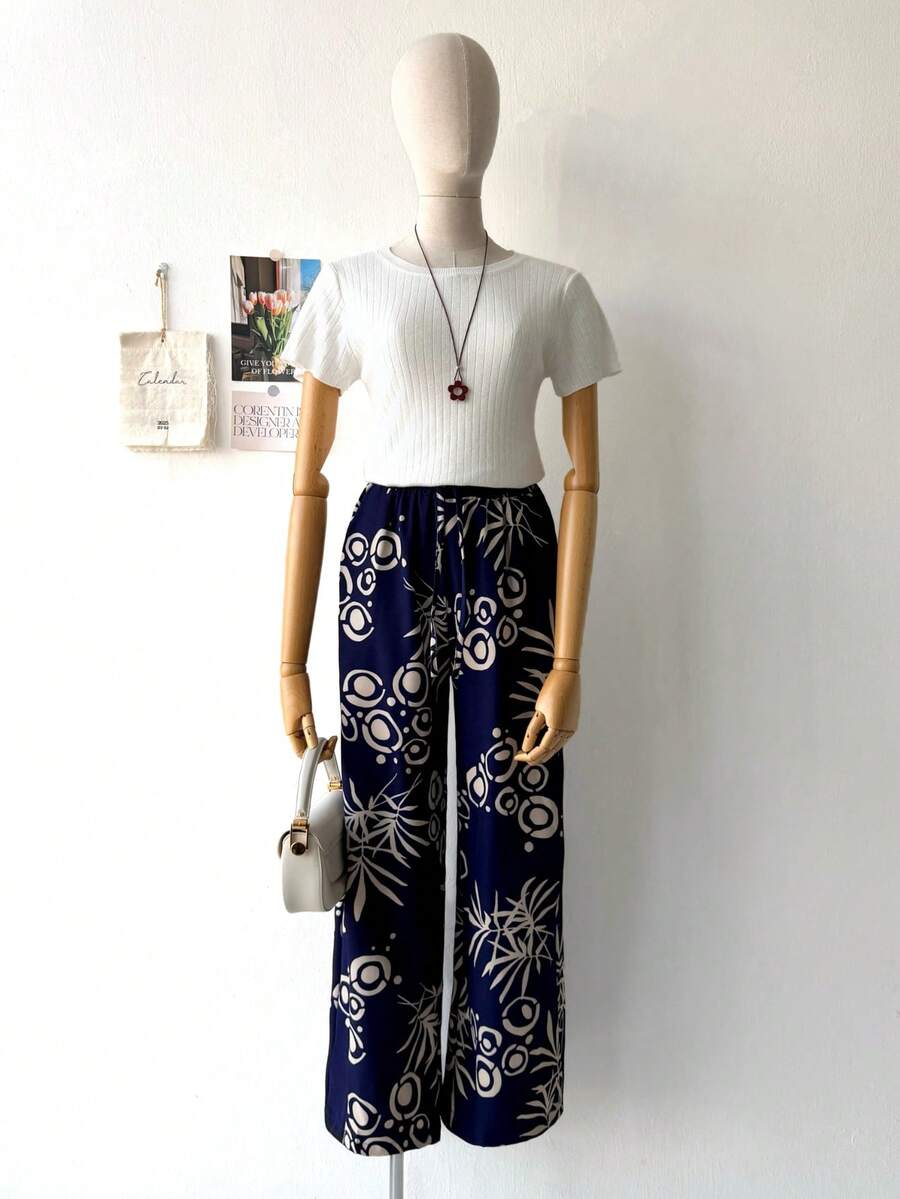 Women's Pants With Floral Print, Duna Fabric. - 藏蓝色 - 查看 1