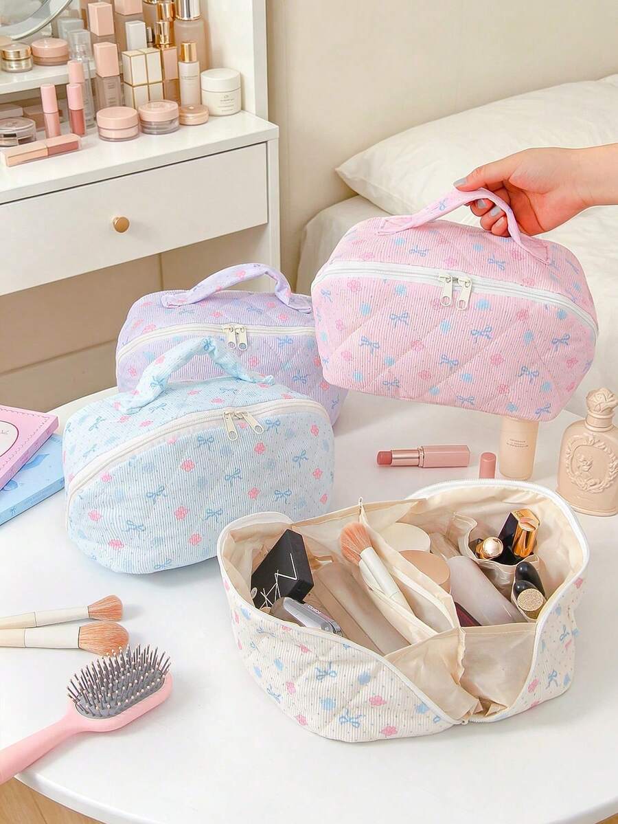 Cute Bow Flower Design Large Capacity Makeupbag Zipper Travel Wash Bag Multifunctional Portable Storage Bag Lipstick Storage Bag Women's Accessory Bag - Multicolor - View 1