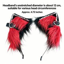 Red Black Furry Cat Ears Headband With Spikes  Heart Rings, Punk Fox Costume Accessory For Halloween Party Cosplay - 黑白 - 查看 7